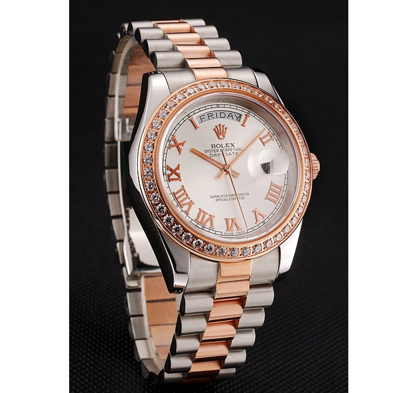 Good copy rolex watches 1454108 Steel Gold Rose Bezel Bracelet Swiss Diamonds Day-Date Staineless Rolex And Dial White 0524